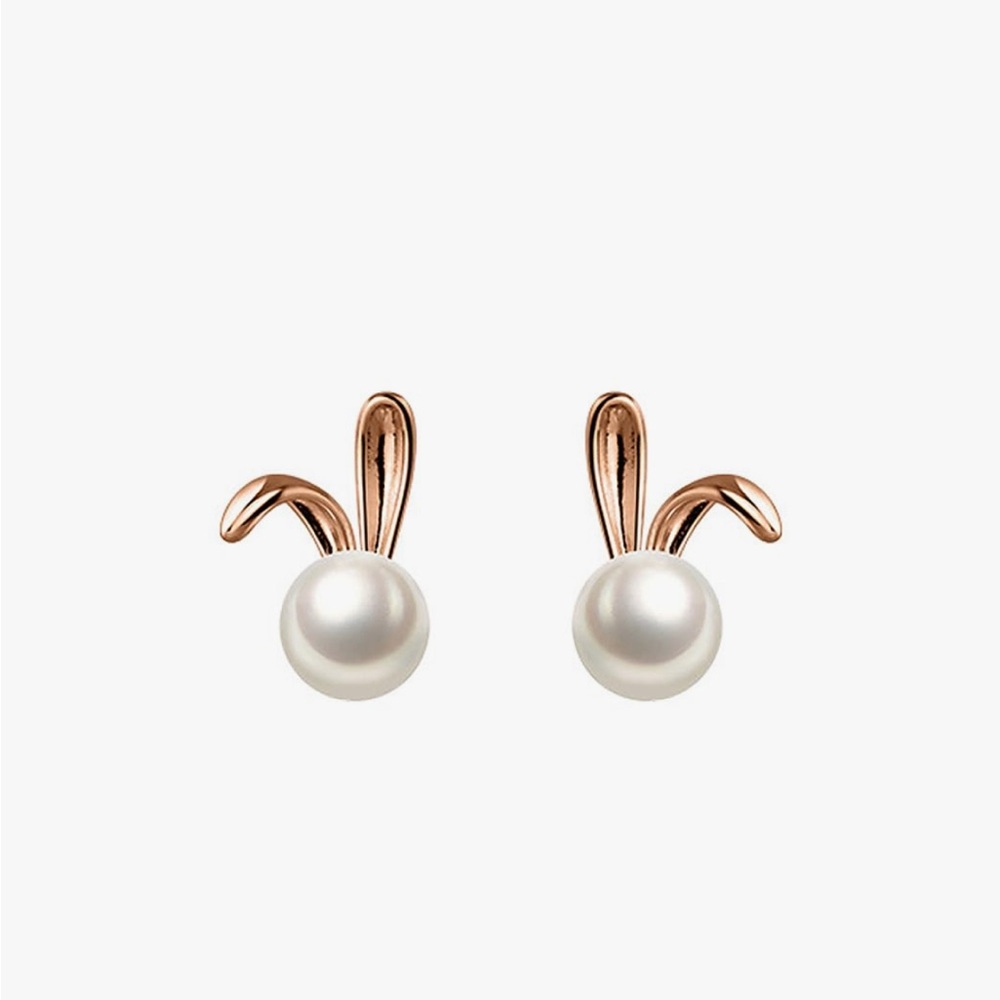 Easter! Cute Bunny Pearl Stud Earrings Gold